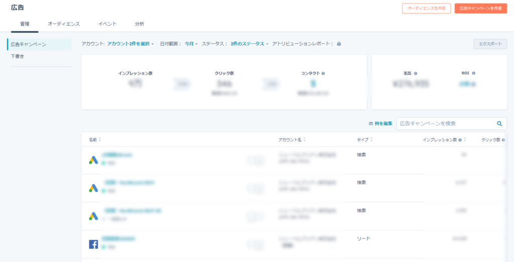 HubSpotの広告管理画面