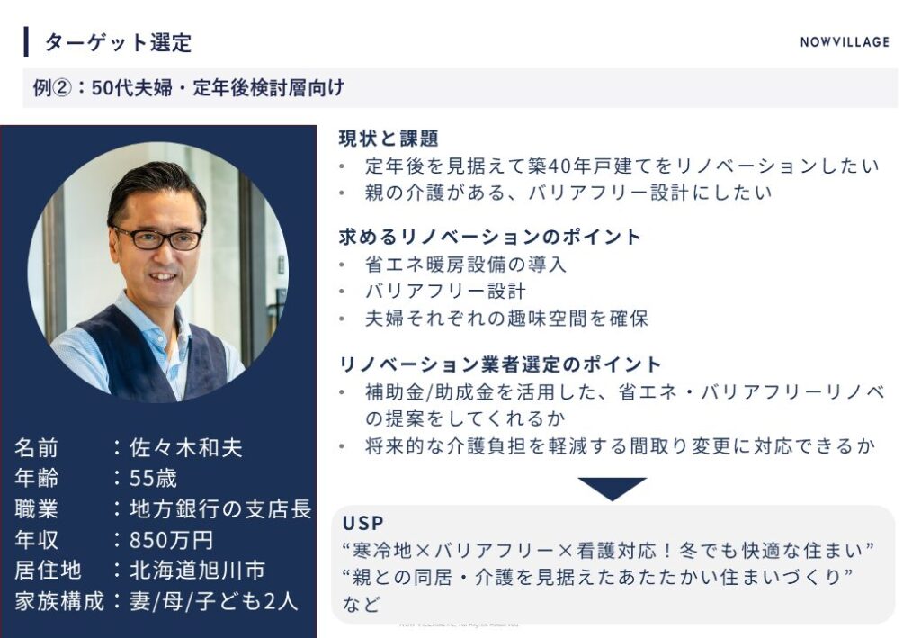 ターゲット選定：50代夫婦・定年後検討層向け
